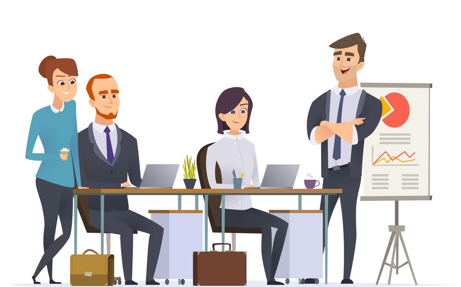Group managers workplace. Businessman team working expert analyse professional specialists people at office work. Vector teamwork professional, team group businessman illustration